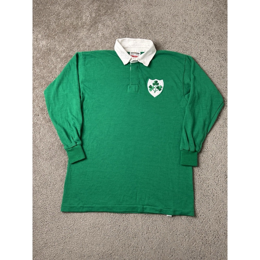 Vintage Mens Long Sleeve 70s/80s Halbro Ireland Rugby Shirt Green White, Size XL